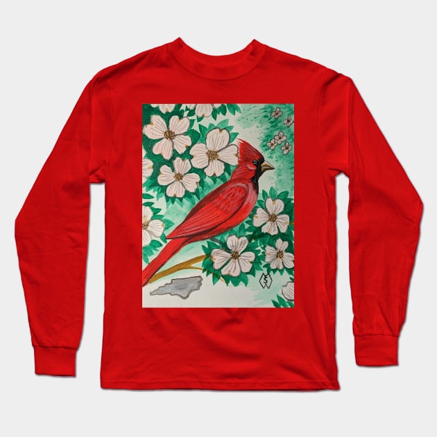 North Carolina state bird and flower, the cardinal and dogwood Long Sleeve T-Shirt by Matt Starr Fine Art